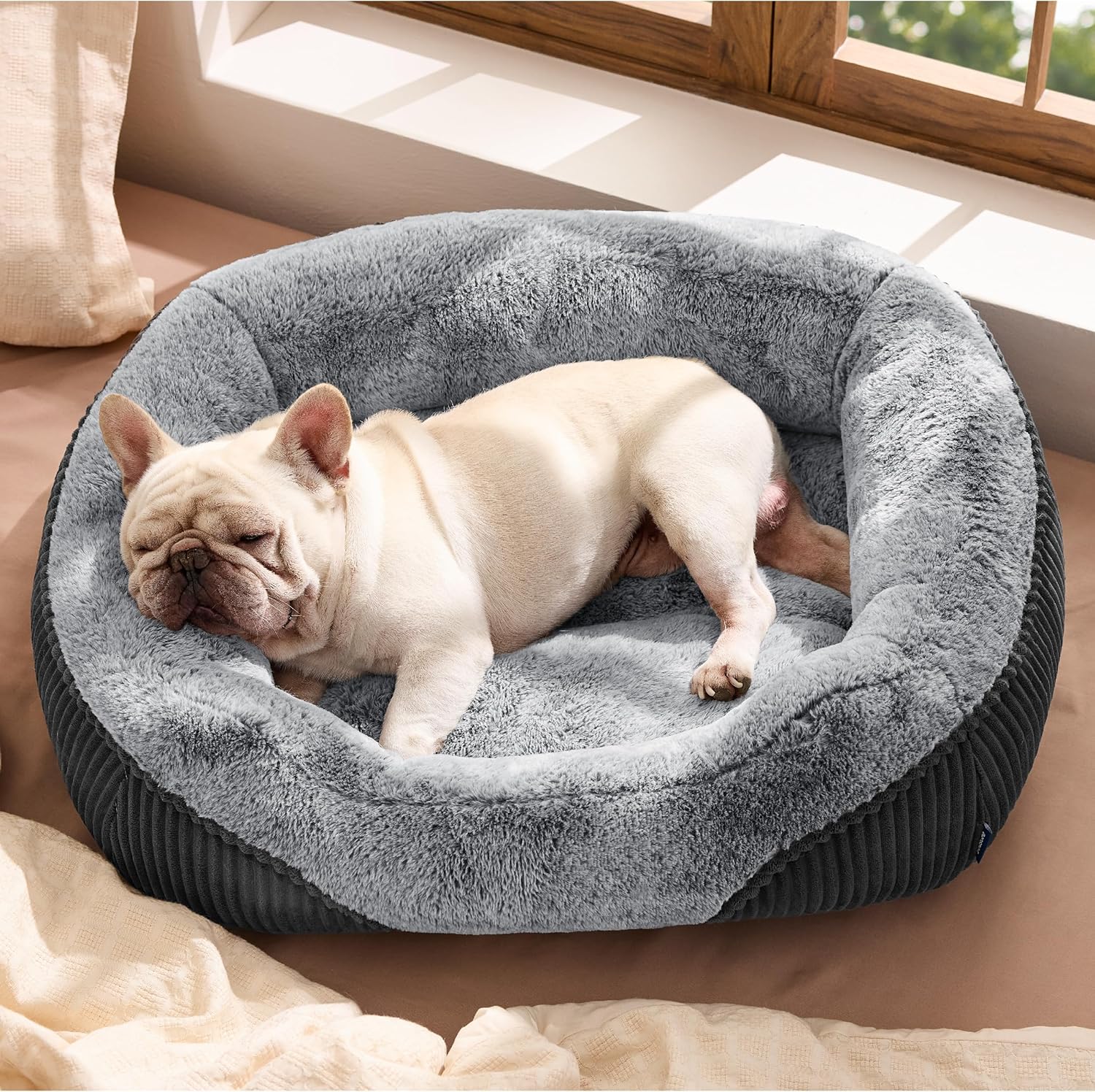 Bedsure Washable Dog Bed Medium Size Dog - Rectangle Fluffy Plush Big Pet Bed, Corduroy Fleece and Nonskid Bottom,30x24x8inches,Suitable for Pet Up to 35lbs,Grey Grey 30"L x 24"W x 8"Th