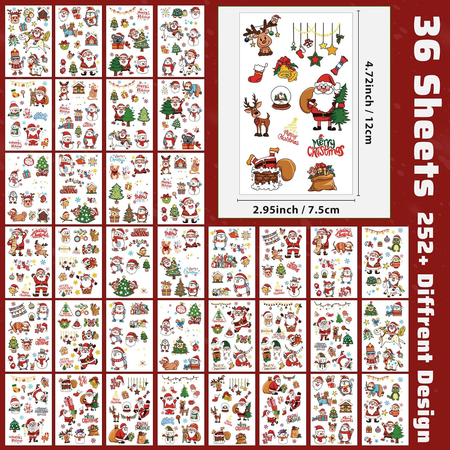 350+ PCS Christmas Temporary Tattoos for Kids, Xmas Santa Claus Snowman Penguin Elk Tattoos Stickers, Christmas Stocking Stuffers Fake Tattoos for Girls Boys, Party Supplies Favors Decors, 36 Sheets image 2