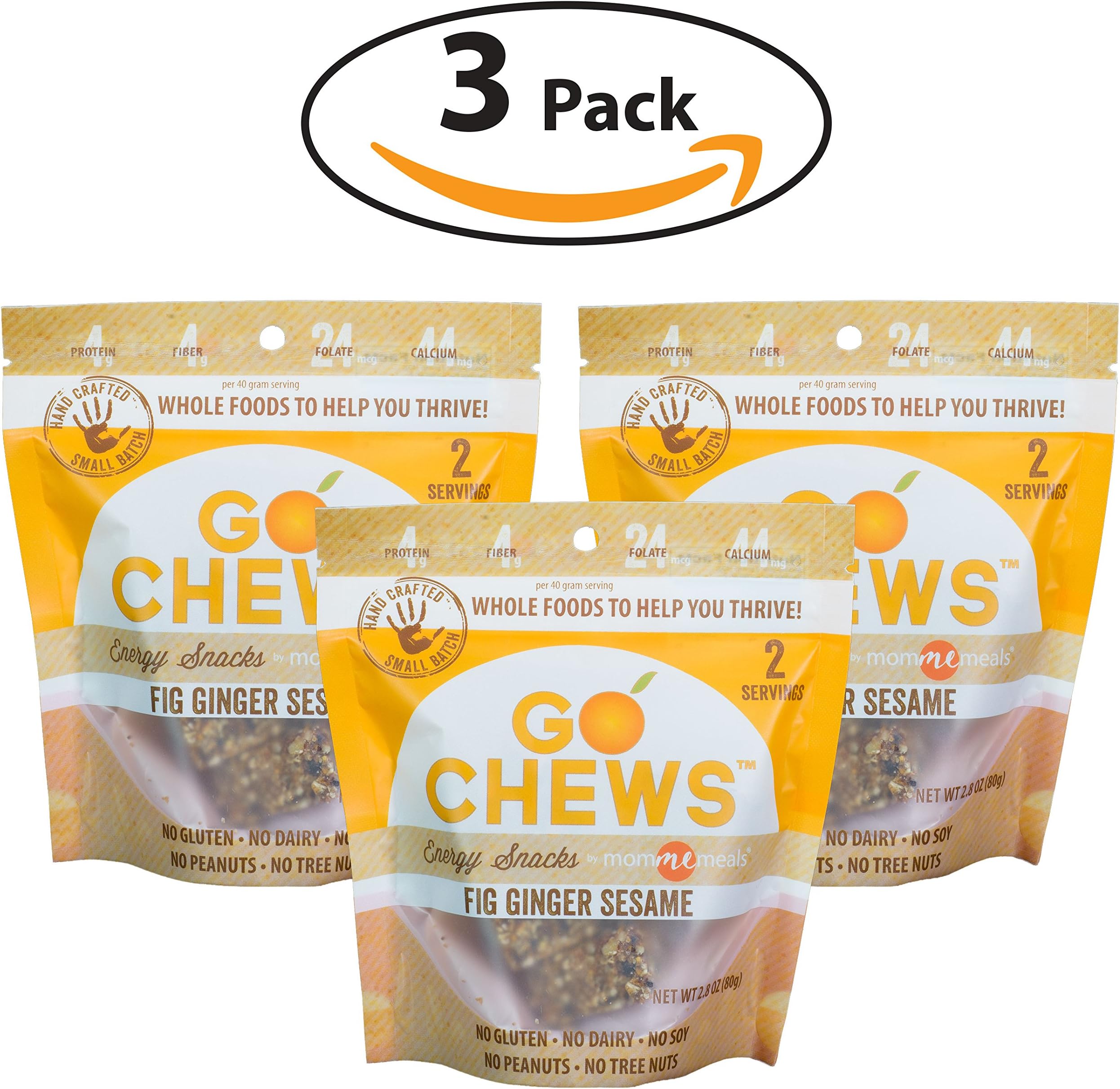 Momme Meals To-Go Chews Fig Ginger Sesame - Healthy Snacks for Adults & Kids - Organic & Allergen Friendly Ingredients - No Dairy, Soy or Peanuts - Gluten Free Snacks - 2.8 Ounces (Pack of 3)