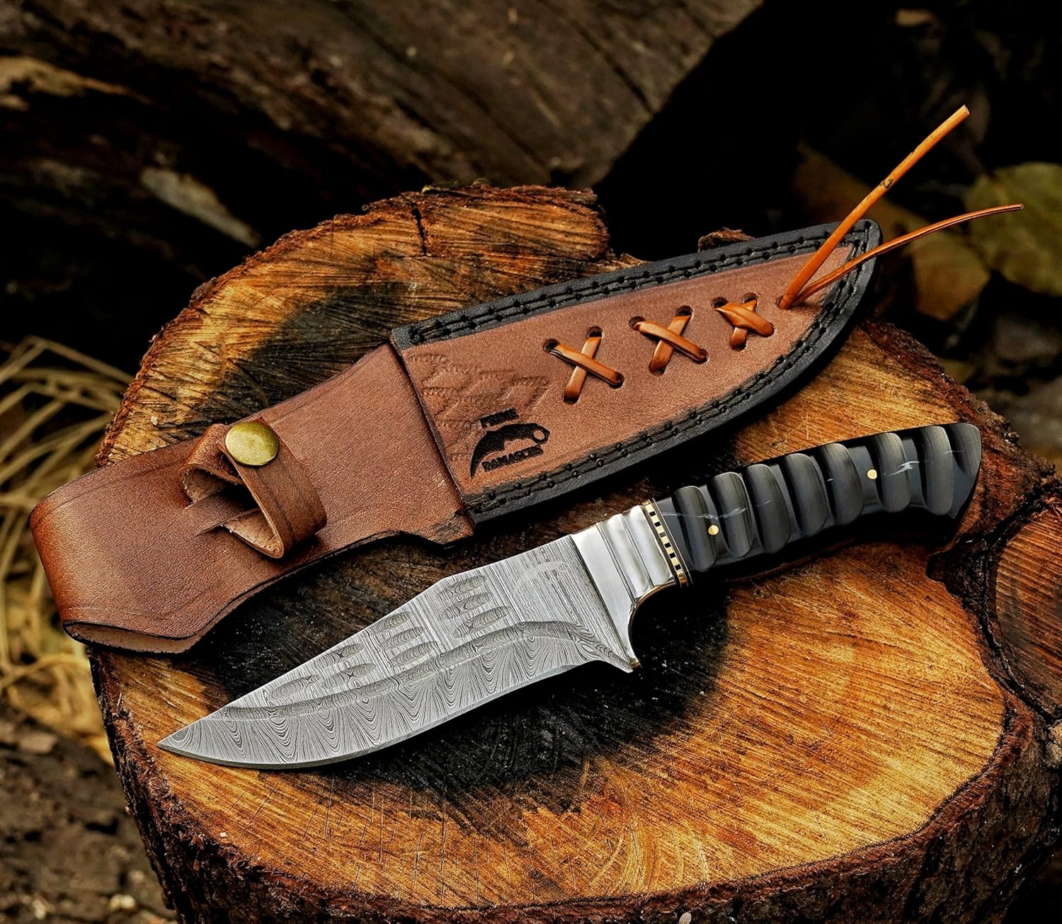 Handmade Skinning Damascus Steel Hunting Knife With Leather Sheath- Full Tang Cool Knives For Outdoor Camping- Best Outdoorsman Gift - Image 3