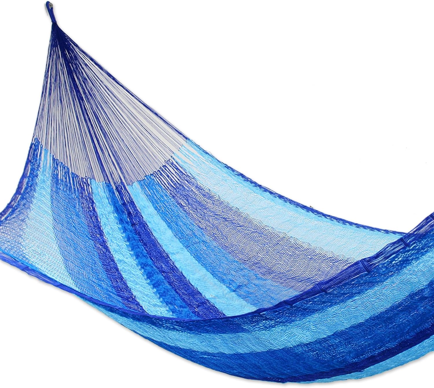 NOVICA Multicolor Sky Blue Striped Hand Woven Nylon Mayan 1 Person Rope Hammock, 'Blue Caribbean' (Single)