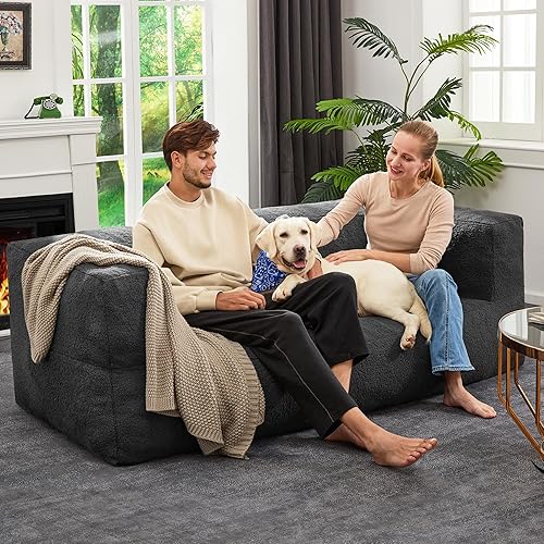 Miniatura 10 de Homguava Puf gigante de gran tamaño, relleno de espuma viscoelástica con funda de peluche de sherpa suave y reposabrazos anchos para adultos en sala