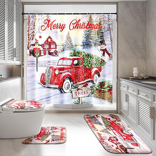 Juego de cortina de ducha de camión rojo navideño con alfombras, tapetes de baño y ganchos, 72 pulgadas de ancho x 72 pulgadas de largo, poliéster