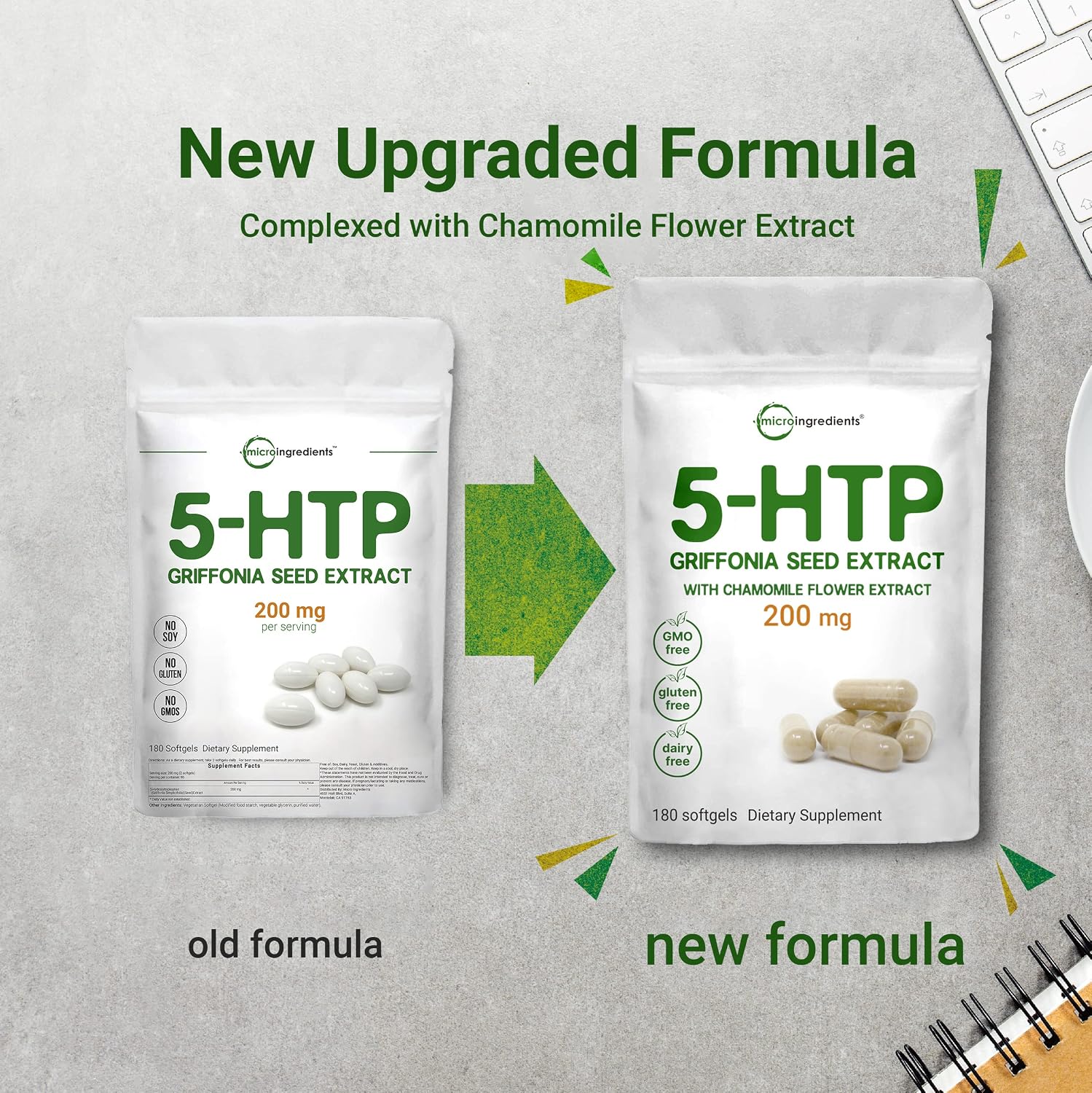 Micro Ingredients 5-HTP 200mg with Chamomile Flower Extract, 180 Capsules, 2 in 1 Formula, 98% Griffonia Seed Extract, Enhanced with Chamomile | Highly Bioavailable for Mood, Sleep & Relaxation