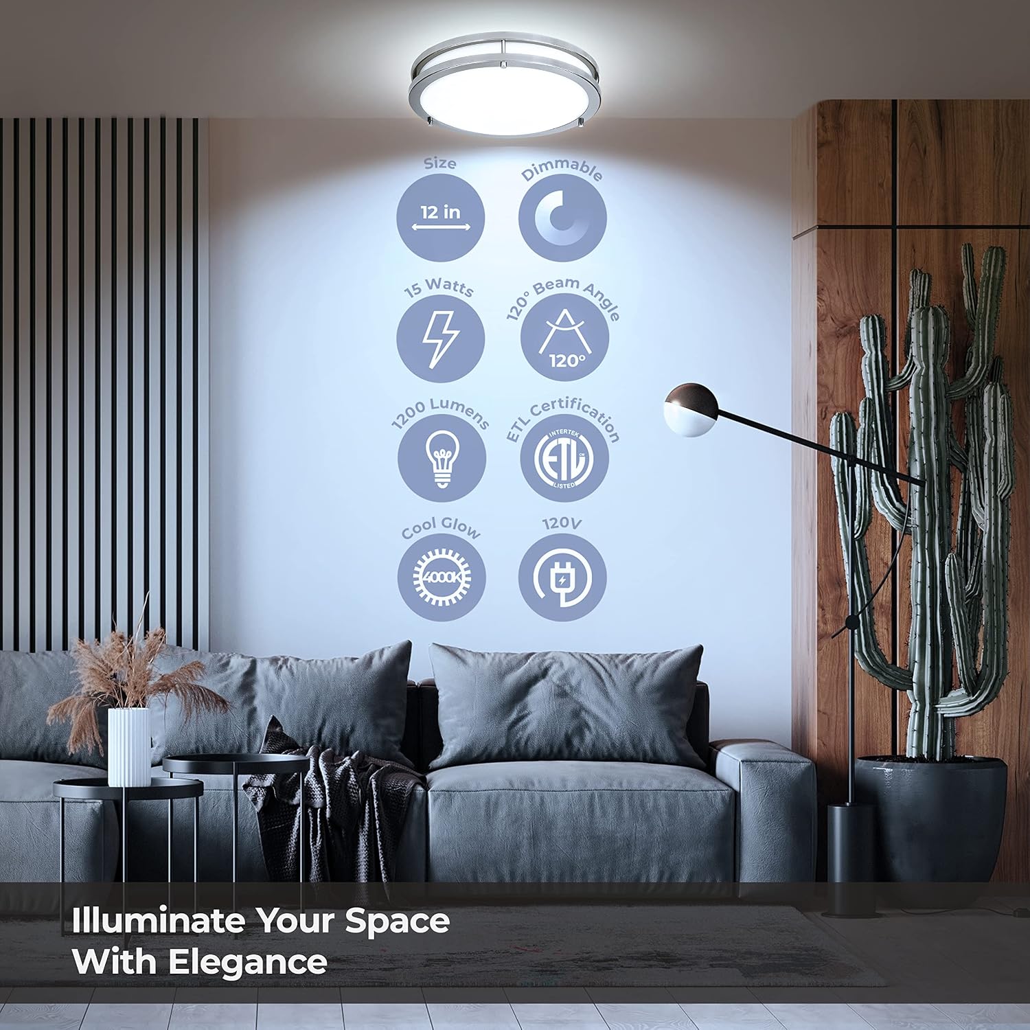 LB72162 LED Flush Mount Ceiling Light, 12 inch, 15W (150W Equivalent) Dimmable 1200lm, 5000K Daylight, Brushed Nickel Round Lighting Fixture for Kitchen,Hallway,Bathroom,Stairwell