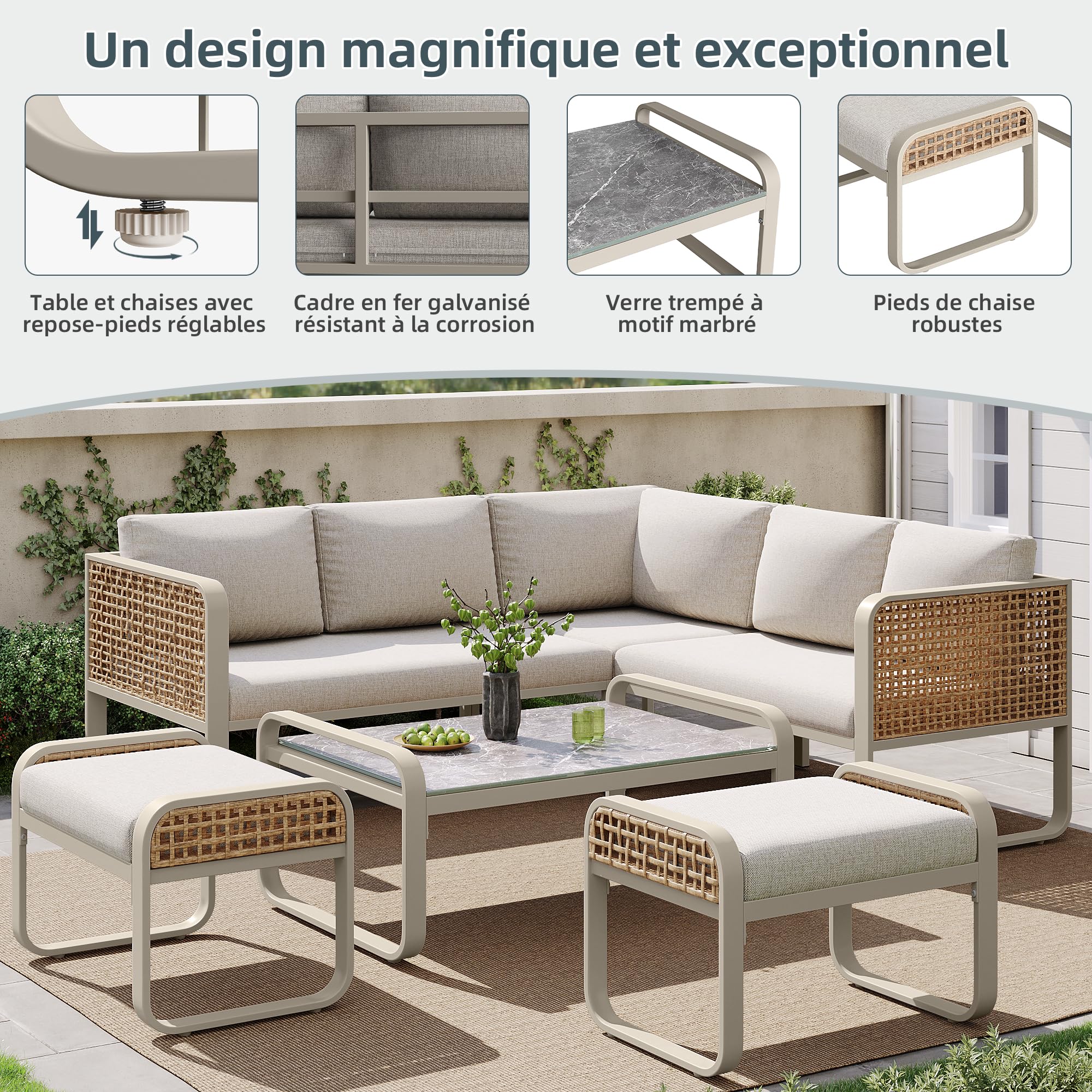 Ensemble salon de jardin extérieur pour 6-7 personnes, canapé de jardin, canapé d'angle avec structure en fer galvanisé, pieds réglables, y compris tous les coussins d'assise et de dossier, beige