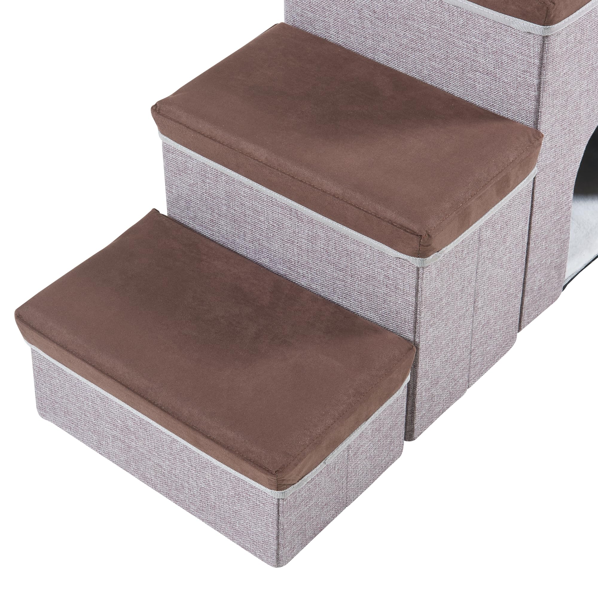 [en.casa] Scala a 3 Gradini per Cani e Gatti con Porticina Contenitori Pieghevoli con Coperchio Antiscivolo in Ecopelle 76 x 33 x 43 cm - Marrone Scuro/Grigio