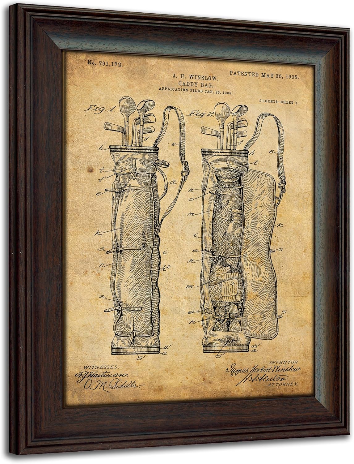Framed Golf Patent Art Prints - 14 in X 17 in Finished Size (Golf Bag)