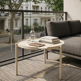 Couchtisch rund höhenverstellbar, pulverbeschichtet, wetterfest & rostfrei – Kaffeetisch für Wohnzimmer, Balkon & Garten aus Aluminium, sorgfältig gefertigt in der EU - ORBIS (Champagne Beige)