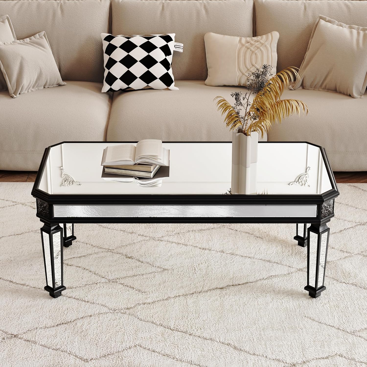 48" Black Mirrored Coffee Table, Rectangle Mirror Center Table with Vintage Carved Elements, Modern Luxury Mirrored Furniture Cocktail Tea Table for Living Room and Office