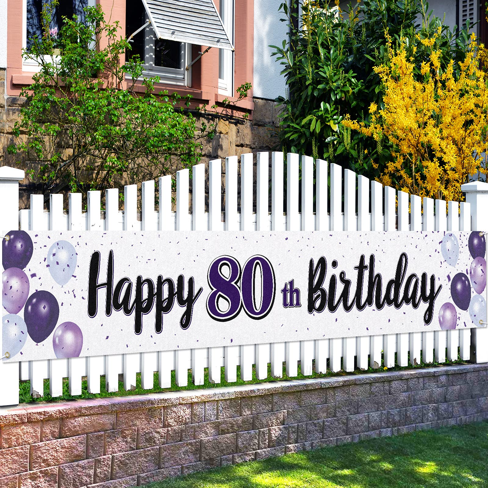 LASKYER Happy 80th Birthday Decorations,80th Purple Balloon Large Birthday Hanging Banner Sign,Cheers to Eighty Years Old Bday Party Supplies.