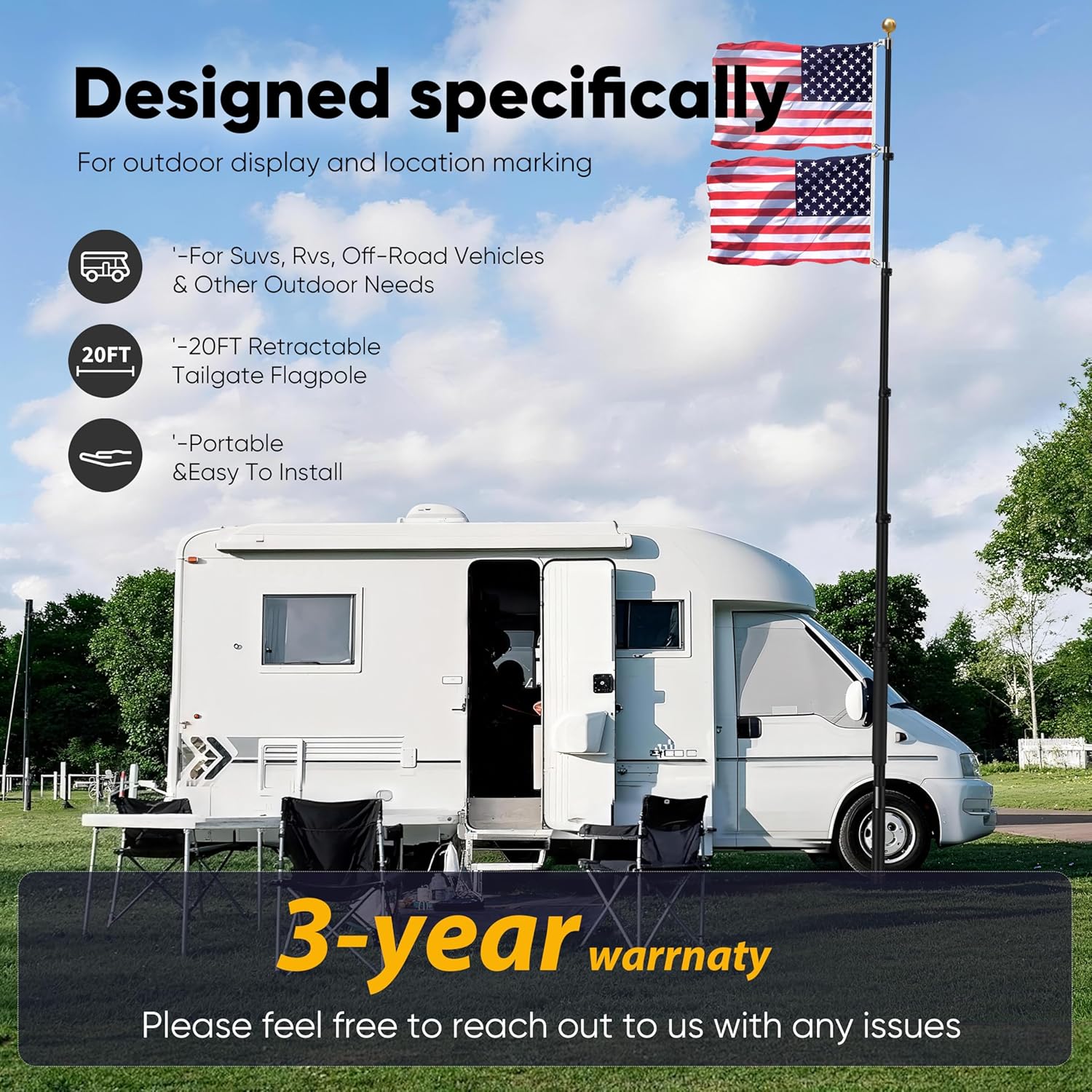 20FT Tailgate Flag Pole with Tire Mount, Fits RV Pickup SUV Sedan, Portable RV Flag Pole with 20" High-Density Foam Protective Tube, Thickened Aluminum Flag Pole with an Flag, 60 MPH, Dual Flag Mount