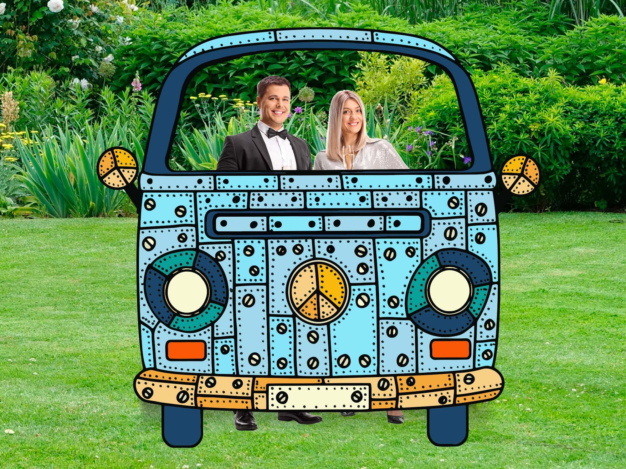 Photocall para Bodas en Cartón Furgoneta Hippie 165X156cm | Furgoneta Hippie | Económico y Original | Troquelado