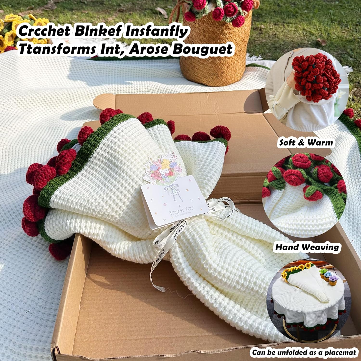 Yarniss Crochet Rose Bouquet Blanket 49"x49",Handmade Rose Crochet Throw Blanket,Romantic Gift for Girlfriend,Mother’s Day Valentine Wedding Anniversary Birthday,Finished