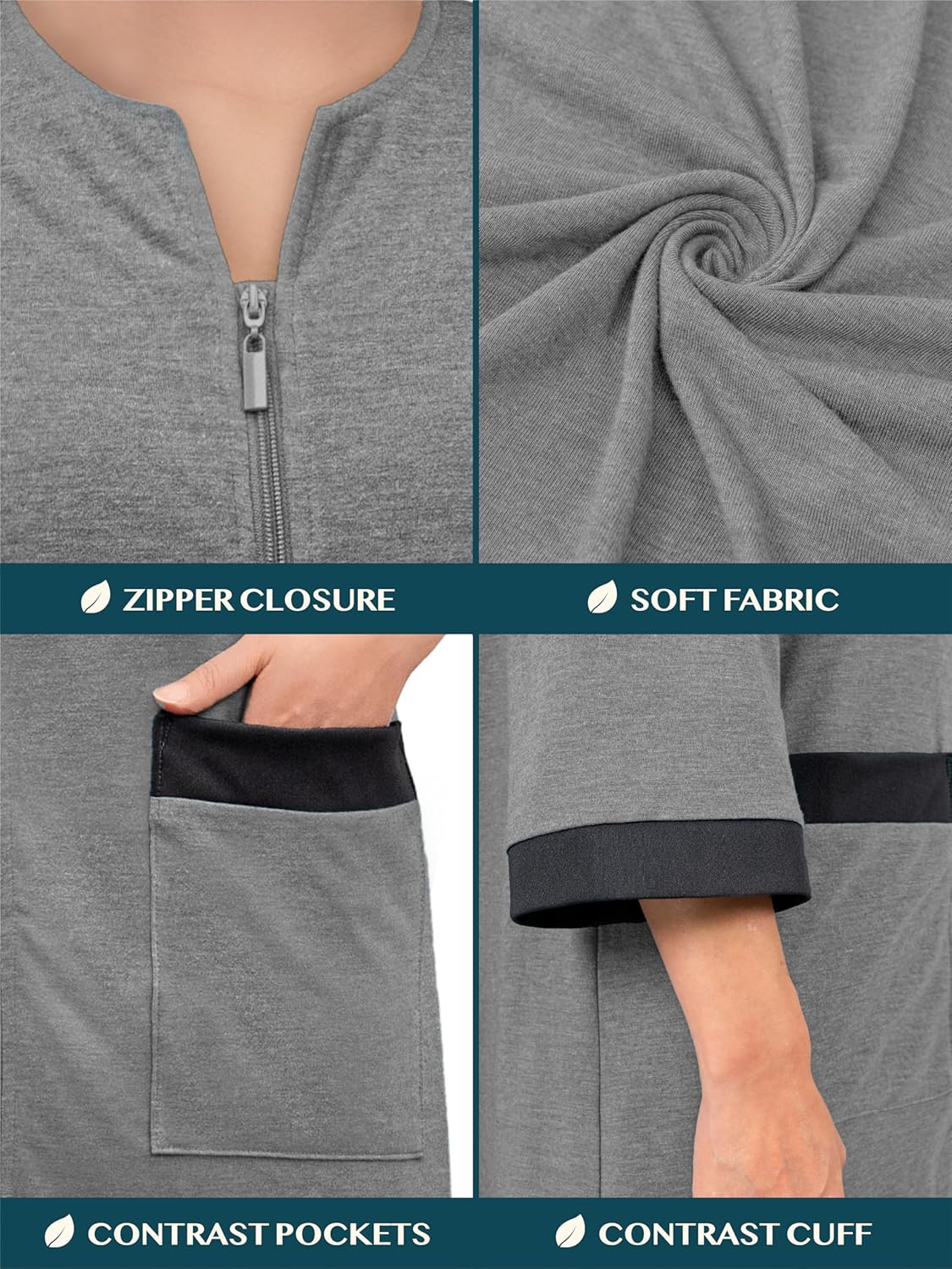 PAVILIA Premium Womens Robe Housecoat, 3/4 Sleeves Zip Up Nightgown For Women Pockets, Soft Bathrobe Zipper Loungewear Dress - Image 4