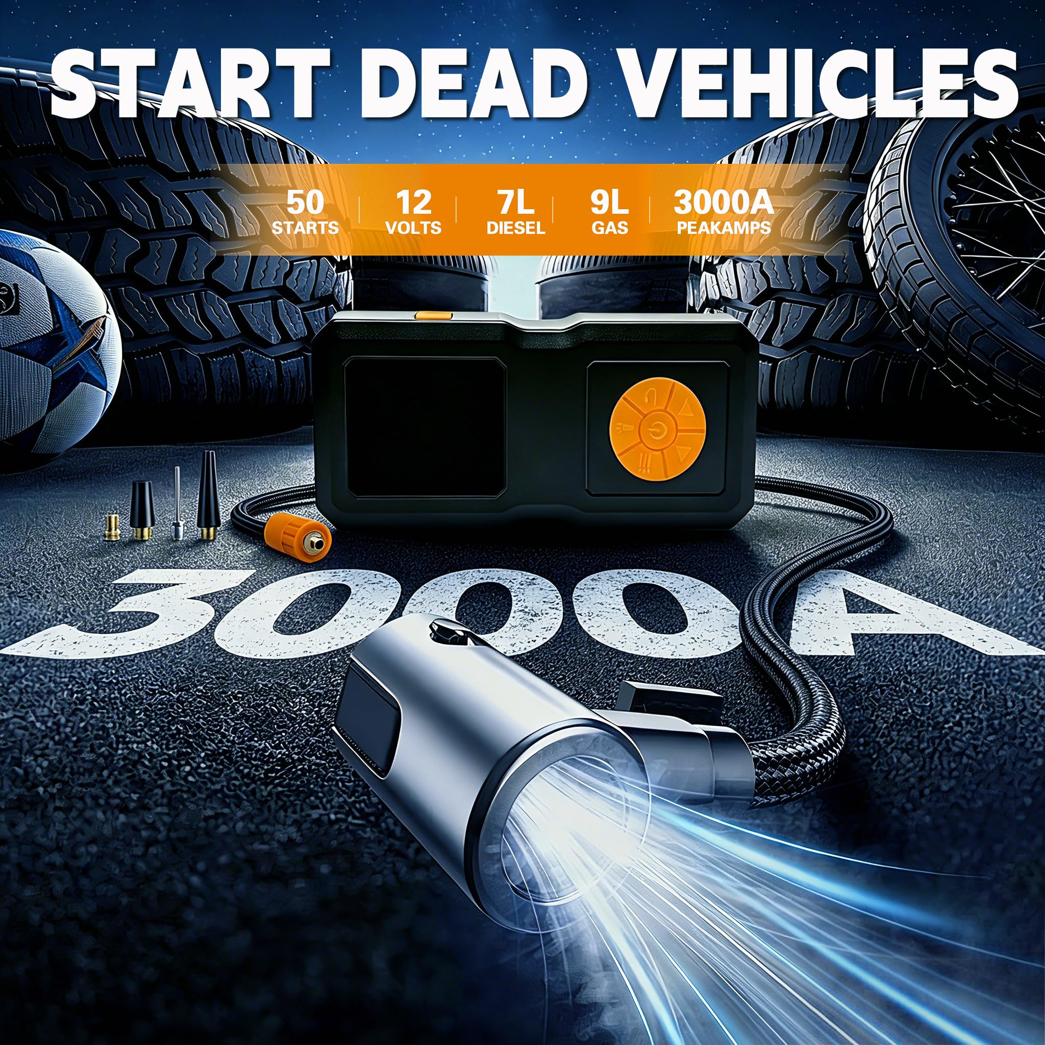 Arrancador de coche 4 en 1 con compresor de aire de 150 PSI, amplificador de batería portátil, inflador de neumáticos diésel de gasolina/12L con pantalla digital, luz LED SOS y banco de energía para