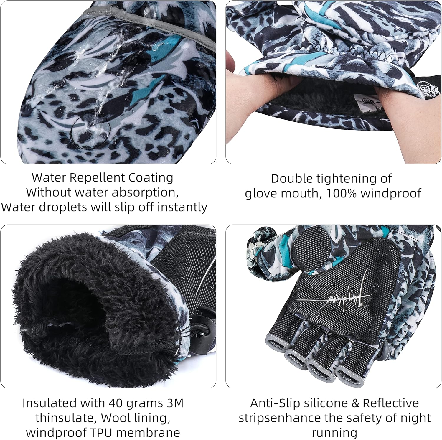 RUNCL Ice Fishing Gloves Convertible Mittens Flip Fingerless Mittens with 3M Thinsulate-Winter Gloves, Outdoor Sport Gloves for Men Women-Ideal for Winter Fishing, Photography, Kayaking : Sports & Outdoors