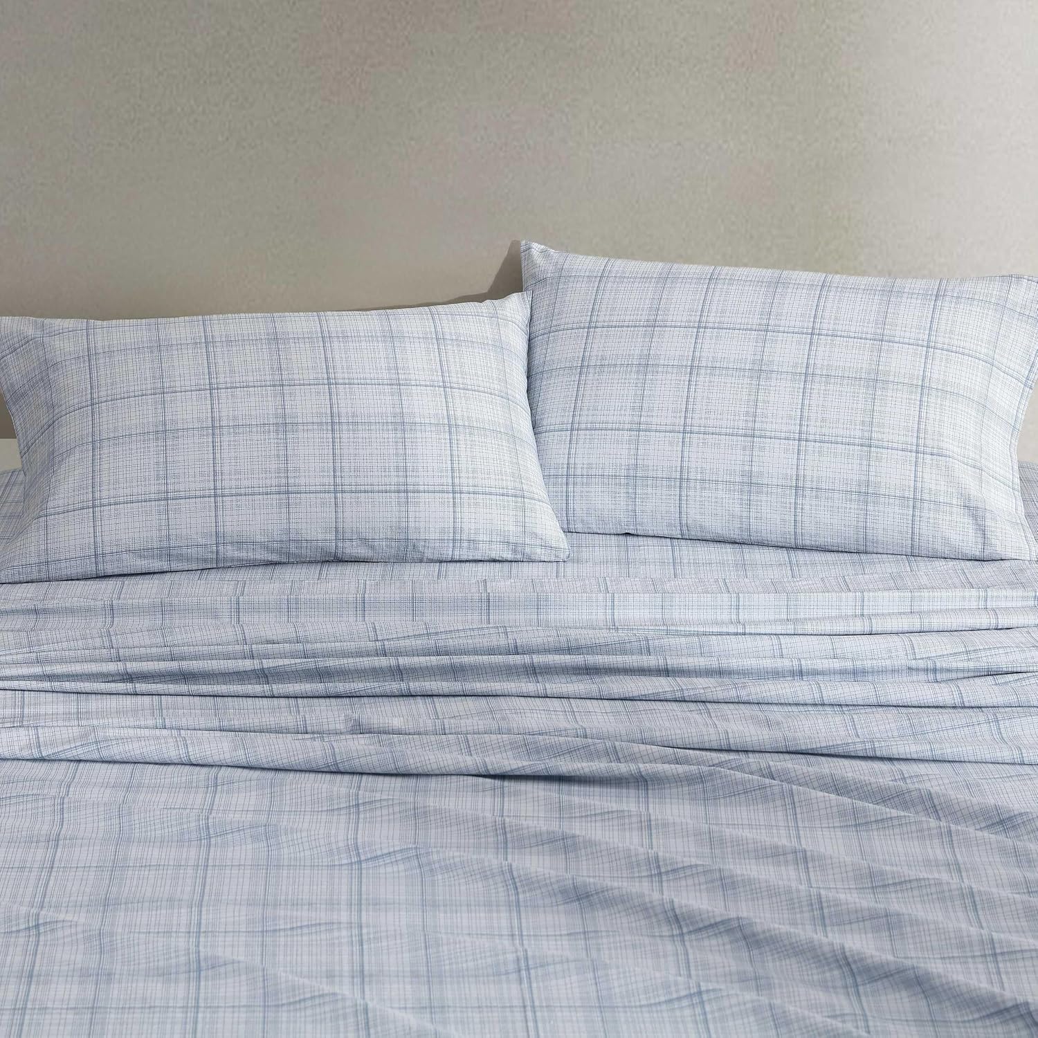 Calvin Klein - King Size Sheet Set, Crisp & Tailored Bedding with a Cotton Percale Lightweight Feel, Deep Pockets - Bed Sheets with Matching Fitted Sheet & Pillowcases (Multi Grid Blue)