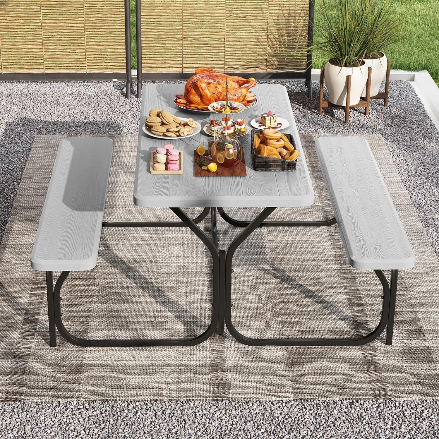 LDAILY Picnic Tables, Rectangular Picnic Table with Steel Frame, 2 Benches Set, HDPE Tabletop, Plastic Picnic Table for Outdoor, Camping, Patio, Lawn, Yard, Picnic Parties (Gray)