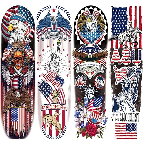 Manga temporal para tatuaje del 4 de julio, gran brazo completo patriótico de Estados Unidos, 4 de julio, manga de tatuaje falso para hombres,