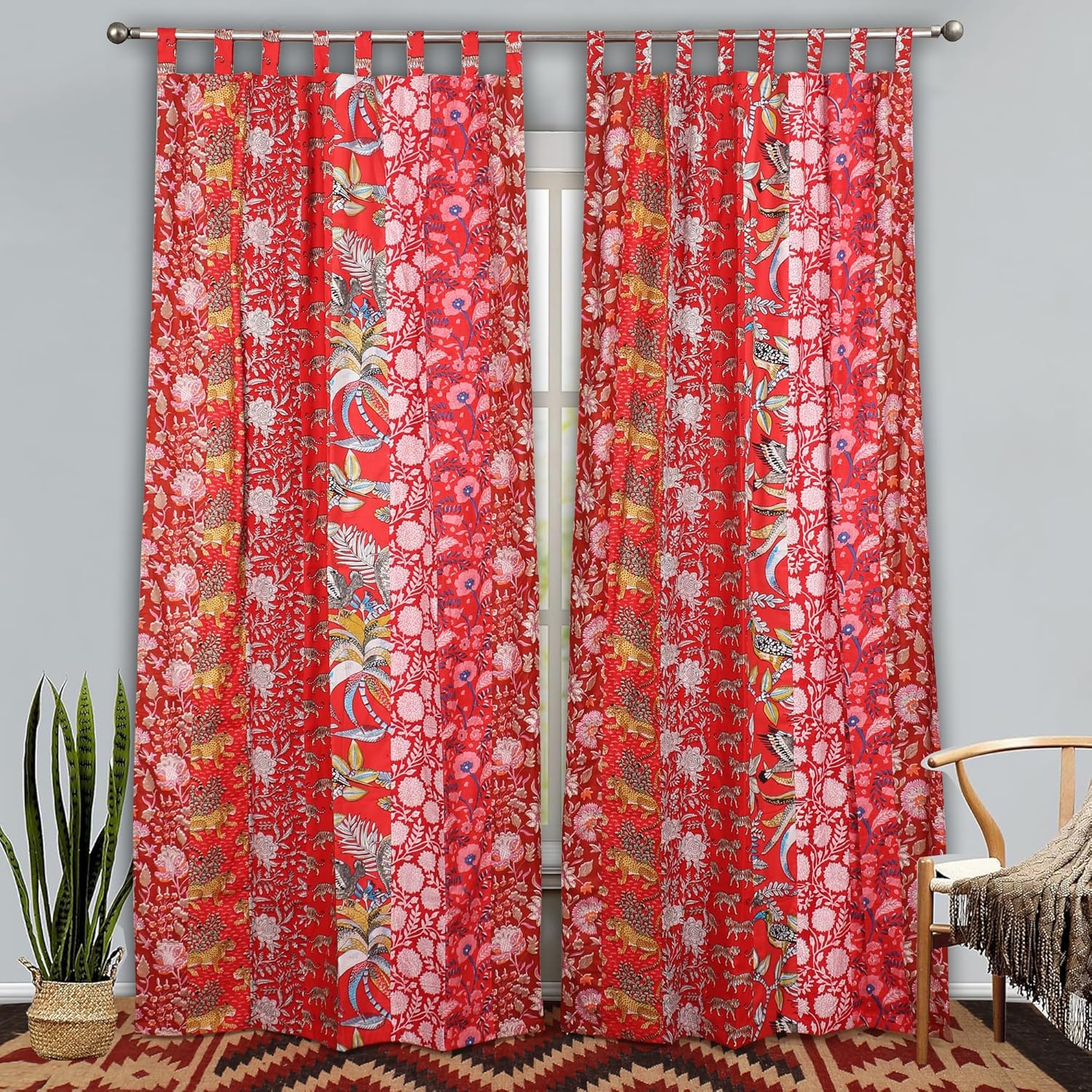 Sophia-Art Indian Cotton Striped Drapes Door and Window Tab Top Boho Hippie Room Balcony Drape Curtain 84" x 42" Red Tab Top Strip