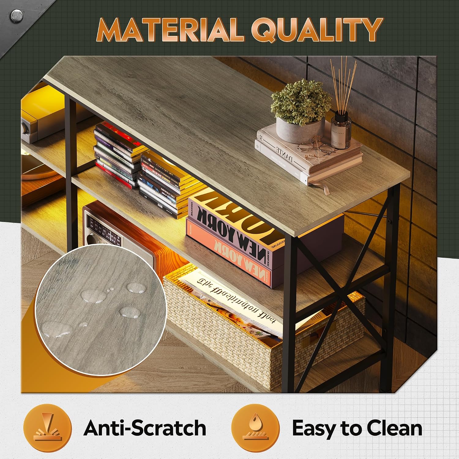Close-up of the TV stand surface highlighting anti-scratch and easy-to-clean features