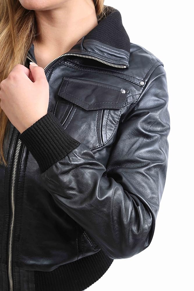 Ladies Bomber Real Leather Jacket Short Slim Fit Casual