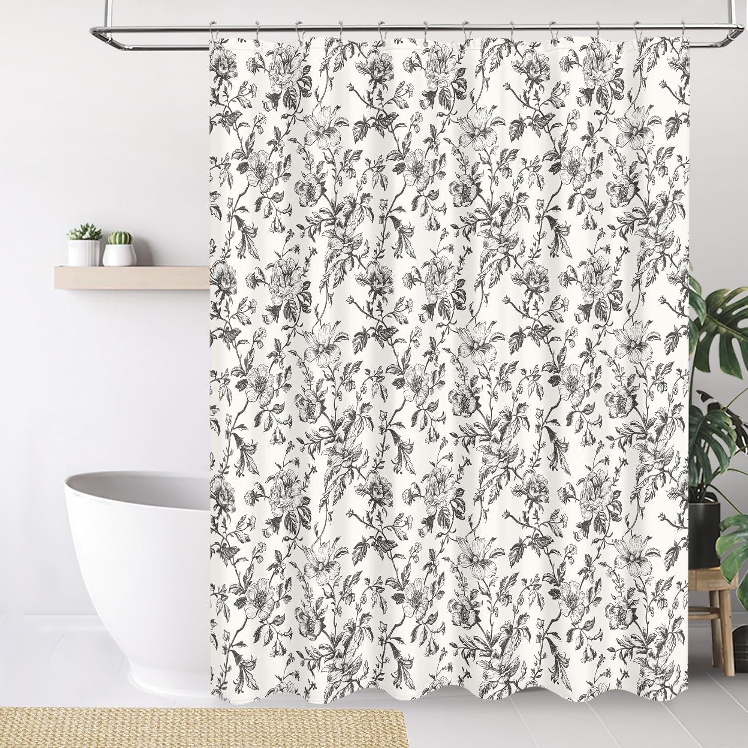 Tititex Boho Rustic Black Flower Faux Linen Shower Curtain, Vintage Bathroom Decoration Shower Curtain Sets 72x72 in with Hooks