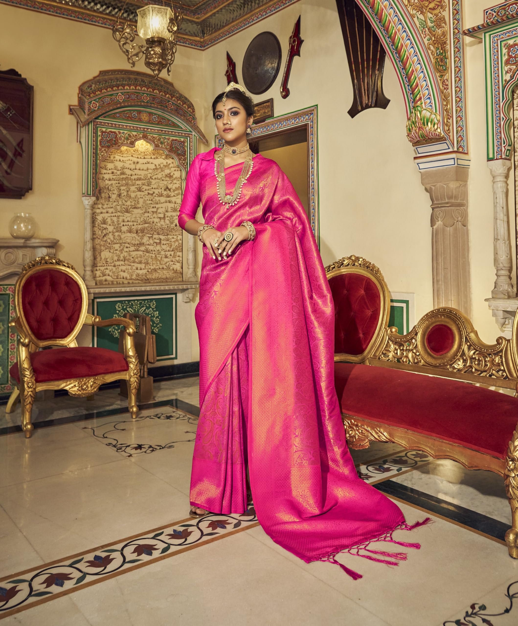 Pujia Mills Womans Handloom Banarasi Silk Saree With Zari Weaving Indian Ethnic Wear Jacquard Silk Saree Weaving Zari Border Saree Pink Color Wedding Saree For Bridal