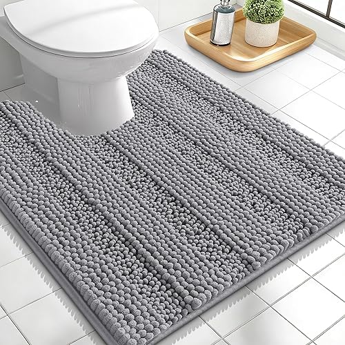 OLANLY Thick Toilet Rugs U-Shaped 24x20, Extra Soft Absorbent Chenille Striped Contour Bathroom Rugs for Toilet, Dry Quickly, Machine Washable,