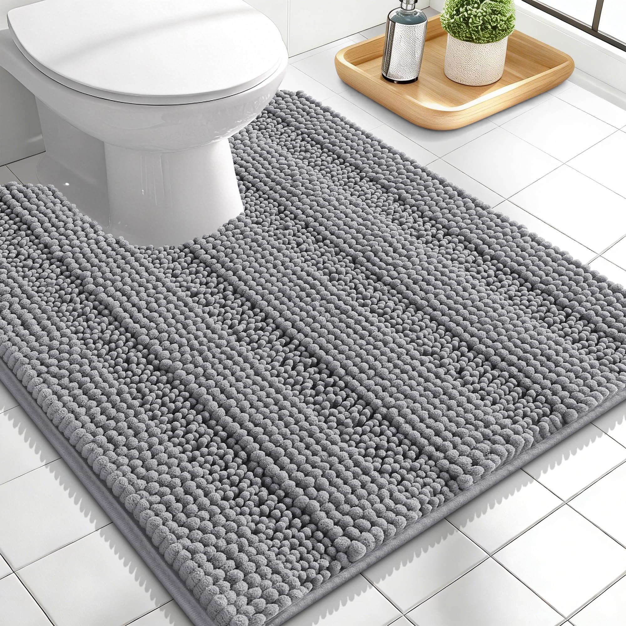 OLANLY Thick Toilet Rugs U-Shaped 24x20, Soft Chenille Bath Mat, Grey