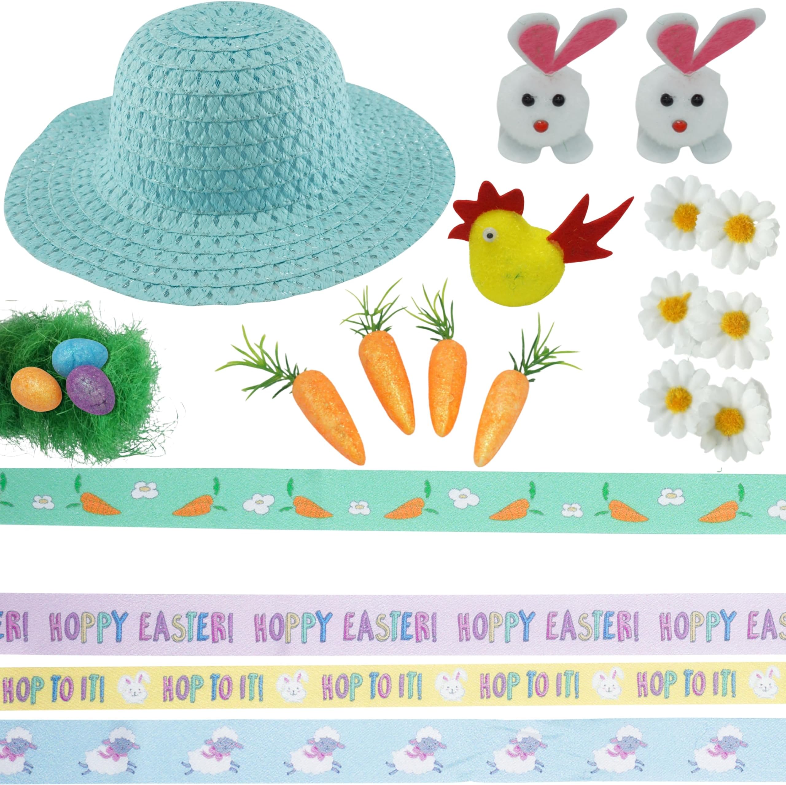 SRV Hub® 2PCS Easter Rabbits with Carrots and Grass, DIY Easter Decoration House Garden Accessories Set Cute Soft Cuddly Mini Realistic Rabbit 9cm with Artificial Carrots and Easter Grass