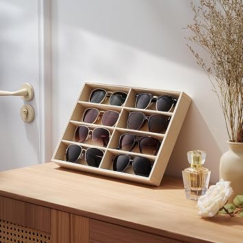 منظم النظارات الشمسية وصينية العرض Pickpiff Drawer: 1 قطعة 8 شبكات حافظة نظارات مخملية خالية من الخدش (13.8x9.4x1.6 بوصة) - صندوق حامل تخزين النظارات باللون البيج الناعم للرجال والنساء
