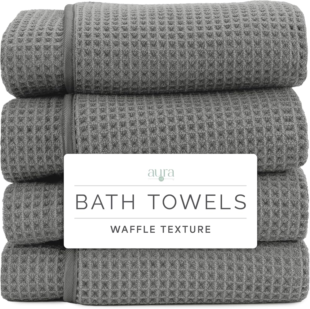 Toallas de baño Aura Waffle, paquete de 4, 30" x 60", gris | Microfibra absorbente de secado rápido, 420 g/m², liviana, con lazo para colgar cosido, compacto para el hogar, el gimnasio y los viajes