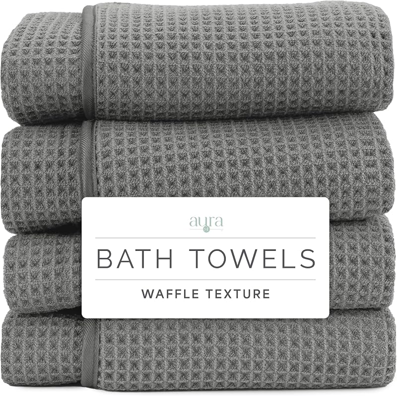 Toallas de baño Aura Waffle, paquete de 4, 30" x 60", gris | Microfibra absorbente de secado rápido, 420 g/m², liviana, con lazo para colgar cosido, compacto para el hogar, el gimnasio y los viajes