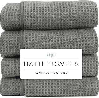 Toallas de baño Aura Waffle, paquete de 4, 30" x 60", gris | Microfibra absorbente de secado rápido, 420 g/m², liviana, con lazo para colgar cosido, compacto para el hogar, el gimnasio y los viajes
