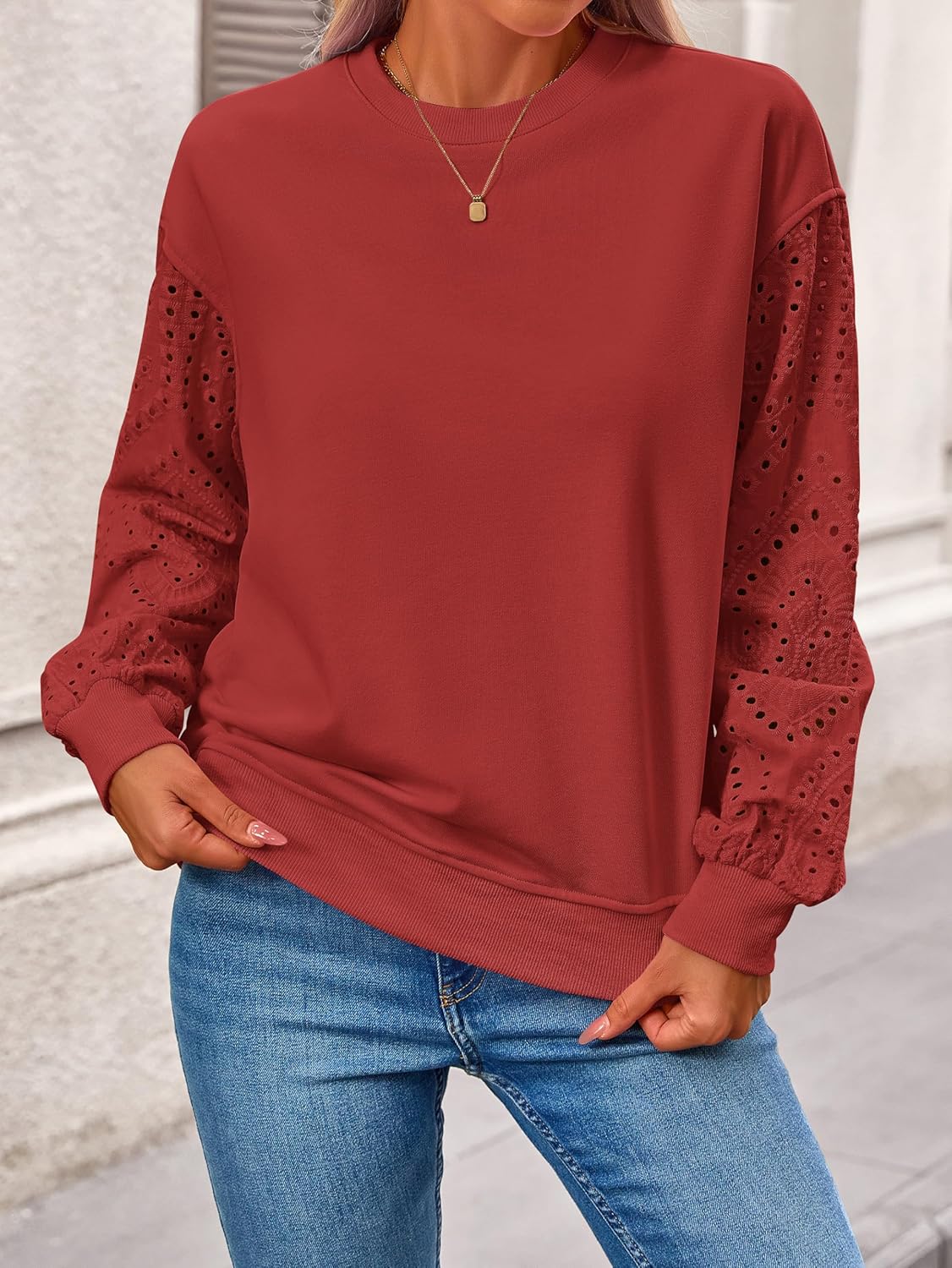 MASCOMODA Fall Fashion 2024 Blouses for Women Dressy Casual Lace Long Sleeve Tops Crewneck Eyelet Knit T Shirts Sweatshirt - Image 5