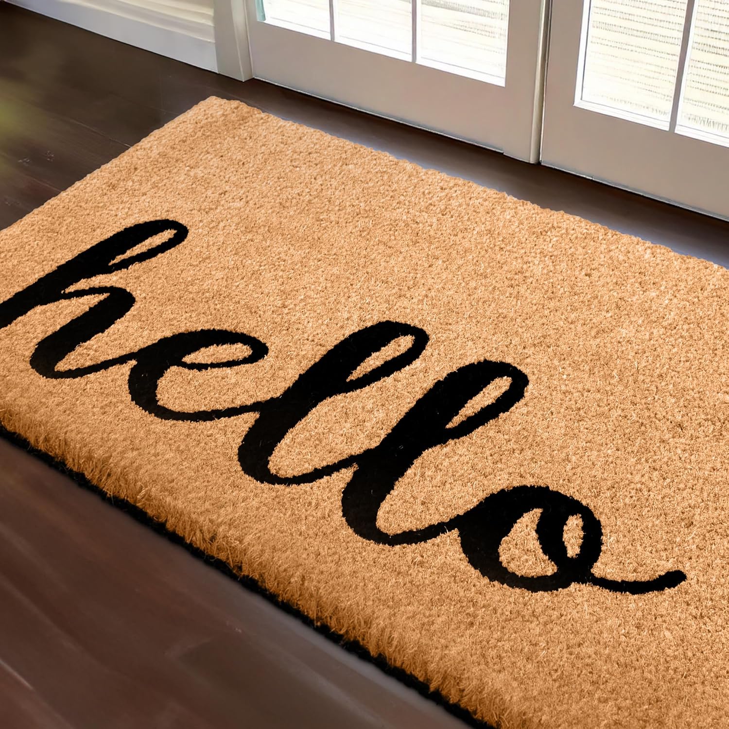 Hello Door Mat Outdoor Coco Coir Doormat, with Heavy-Duty PVC Backing - Natural - Perfect Color/Sizing for Outdoor/Indoor uses. (30 x 17, Hello Script-8)