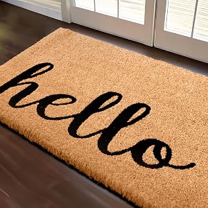 Hello Door Mat Outdoor Coco Coir Doormat, with Heavy-Duty PVC Backing - Natural - Perfect Color/Sizing for Outdoor/Indoor uses. (30 x 17, Hello Script-8)