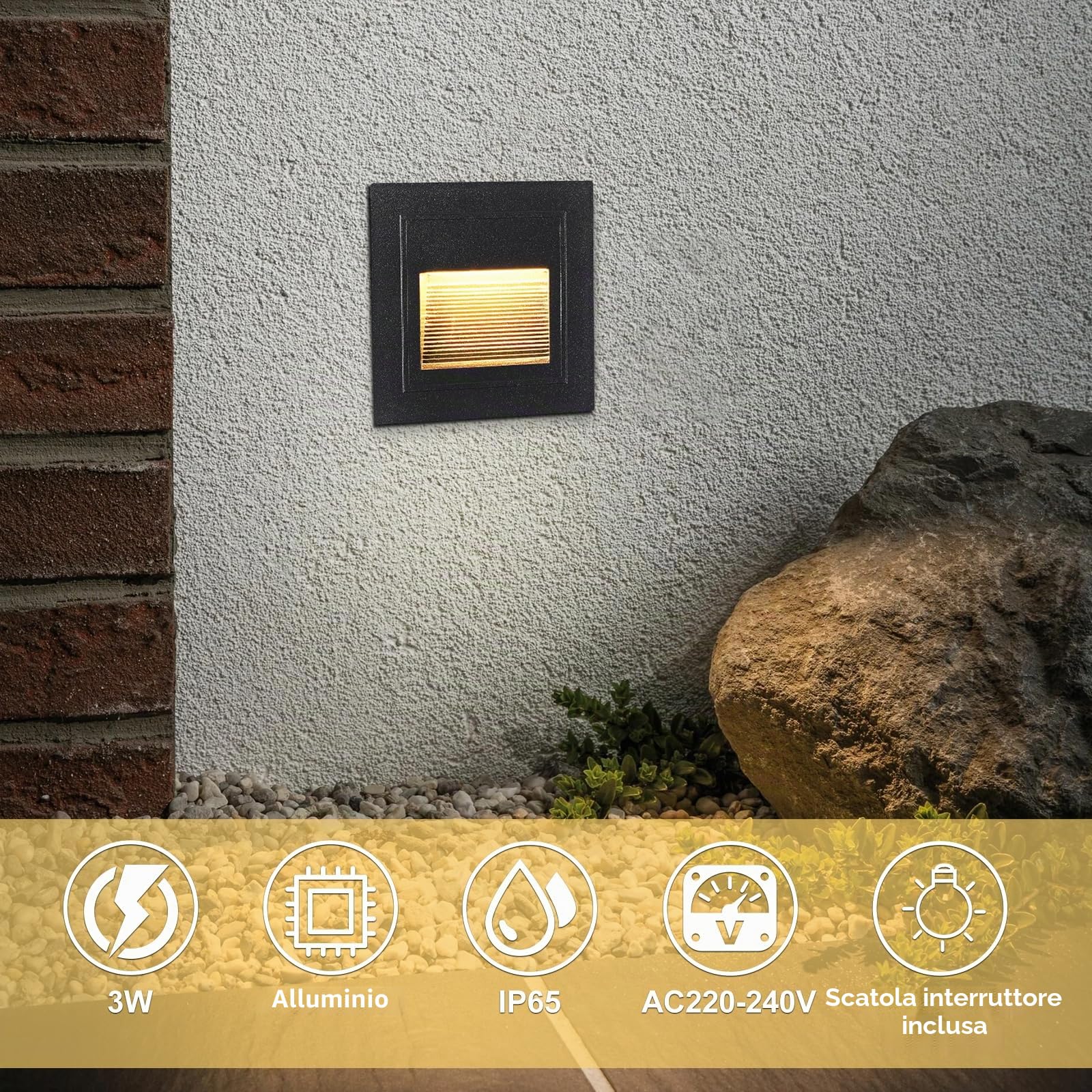 VivaLet Lampada LED Segnapasso da Incasso 8 Pezzi 3W 300LM, Luci Per Scale da Parete Per Esterni 230V 3000K, IP65 Scatola da Incasso 68 mm, 85 X 85 mm, Applique Alluminio Nero