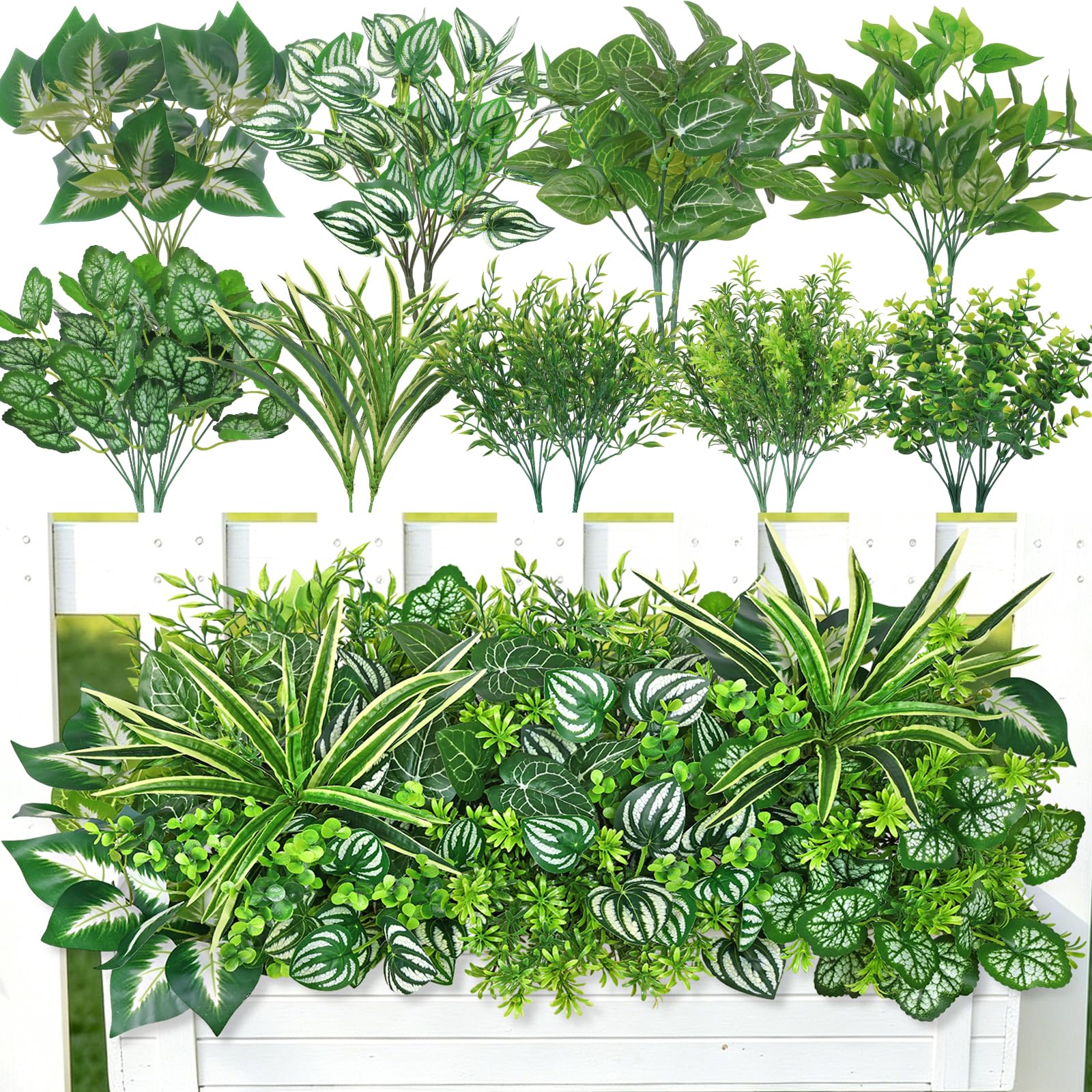 UXORSN Artificial Plants Outdoor 18 Bunches 9 Types Fake Plants UV Resistant Artificial Greenery Faux Plant Realistic Plastic Leaves with Stems Fern Bushes for Outside Patio Garden Porch Decor