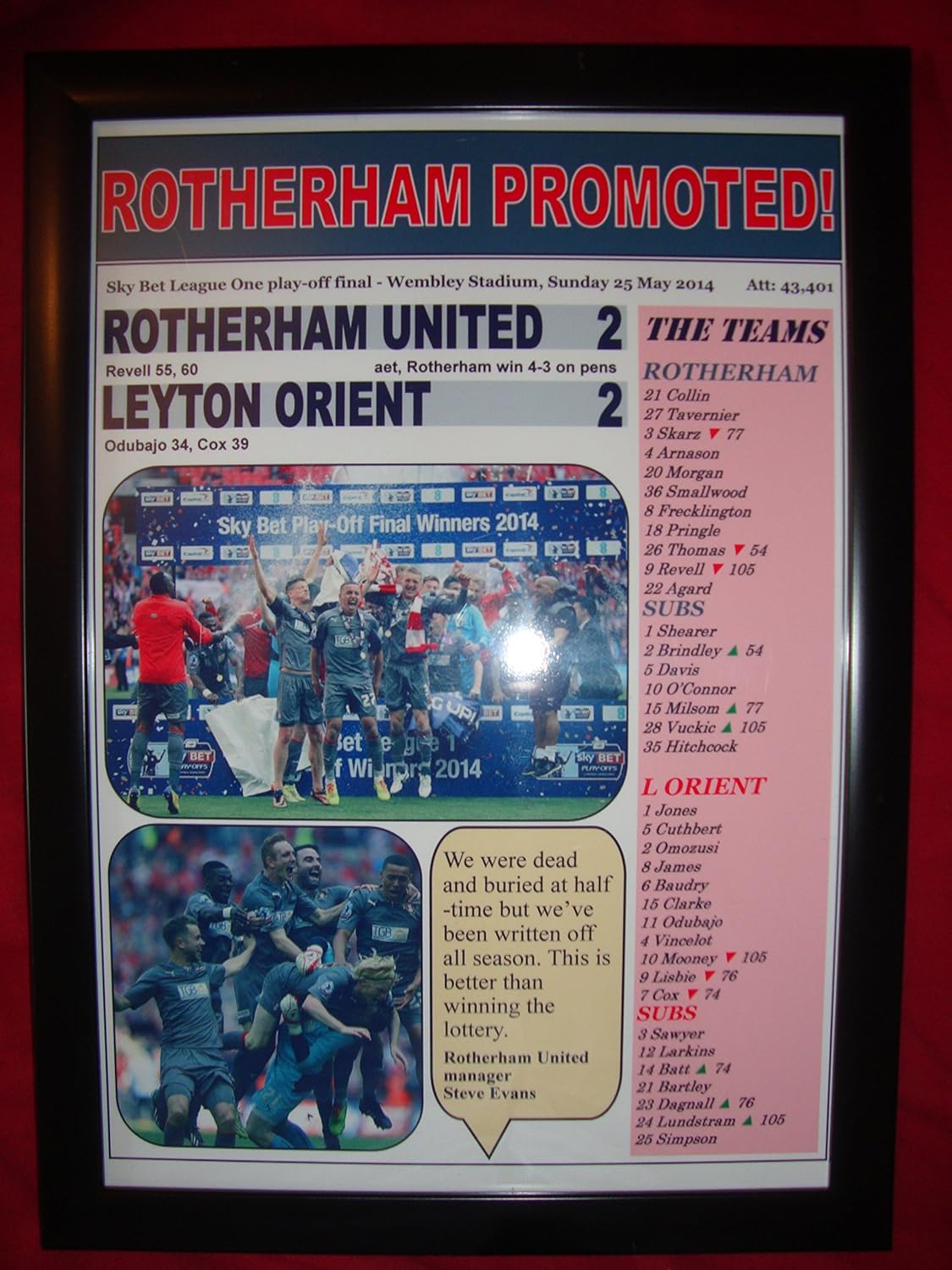Rotherham United 2 Leyton Orient 2 - Rotherham promoted - 2014 - framed print