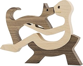 Wooden Dog Cat Family Statue, Handmade Wood Decoration, Cute Puppy, Kitty and People Statue Sculpture Ornament Collectible Figurine Craft Arts for Home, Office, Living Room Men+Kitty (S)