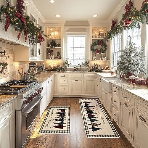 Miniatura 2 de GRANNY SAYS Juego de 2 tapetes navideños de cocina para piso, decoración de Navidad para interiores, alfombras lavables para piso de cocina,