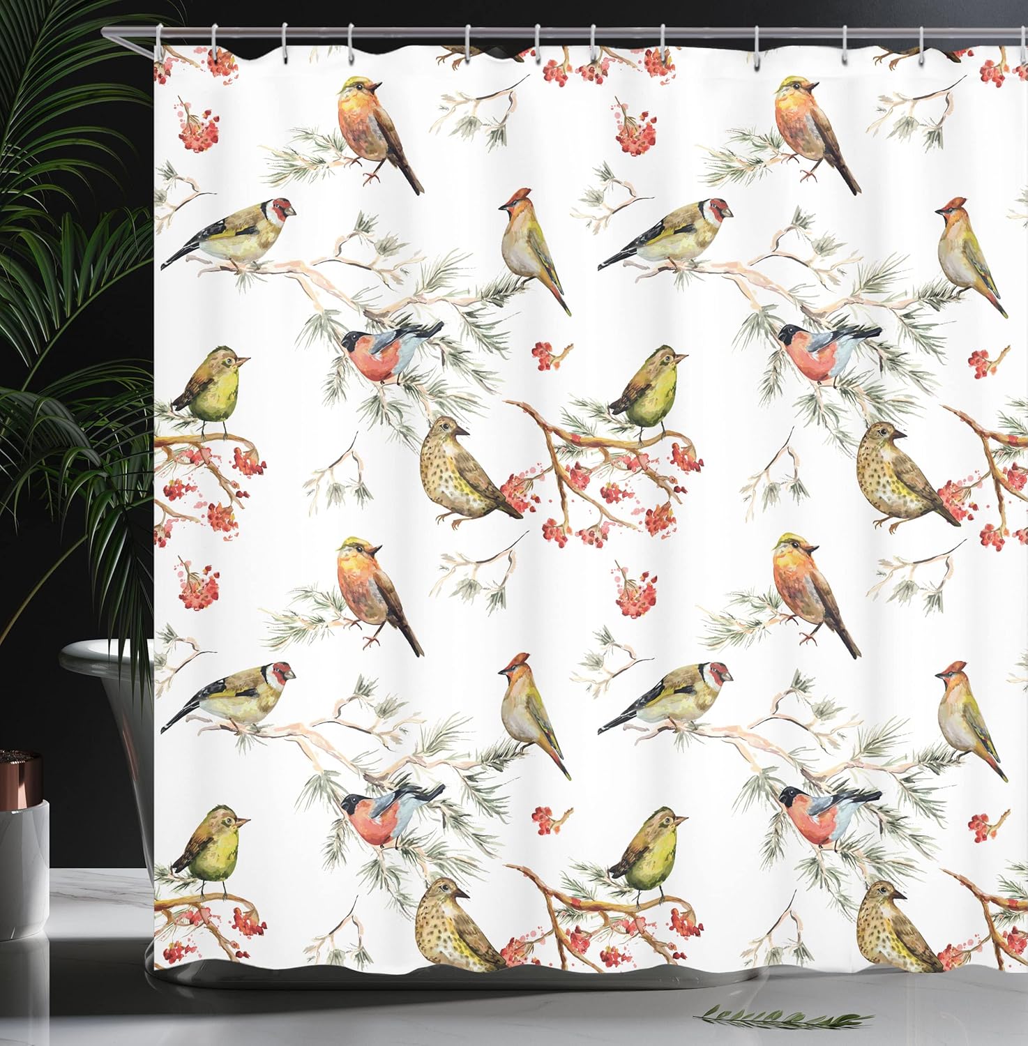 Ambesonne Animal Shower Curtain, Sparrows Birds Leaves Branches Pine Trees Watercolor Image Artwork, Cloth Fabric Bathroom Decor Set with Hooks, 69" W x 75" L, Multicolor White