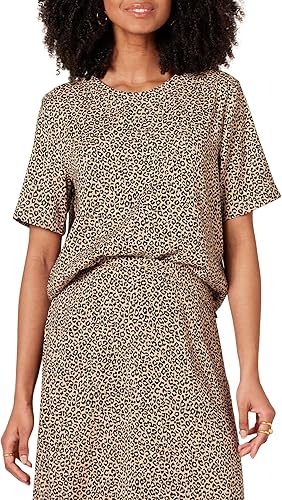 Amazon Essentials Women's Regular-Fit Georgette Short Sleeve Top, Taupe Leopard,