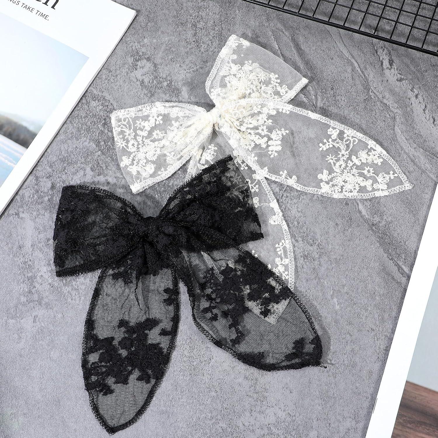 2 Pcs Large Lace Hair Bows for Women, Tulle Hair Bows Clips with Long Tail, Cute Translucent Mesh Bow Barrette for Wedding Pageant Prom Birthday Party Bridal Shower Gift (Black and White) - Image 7