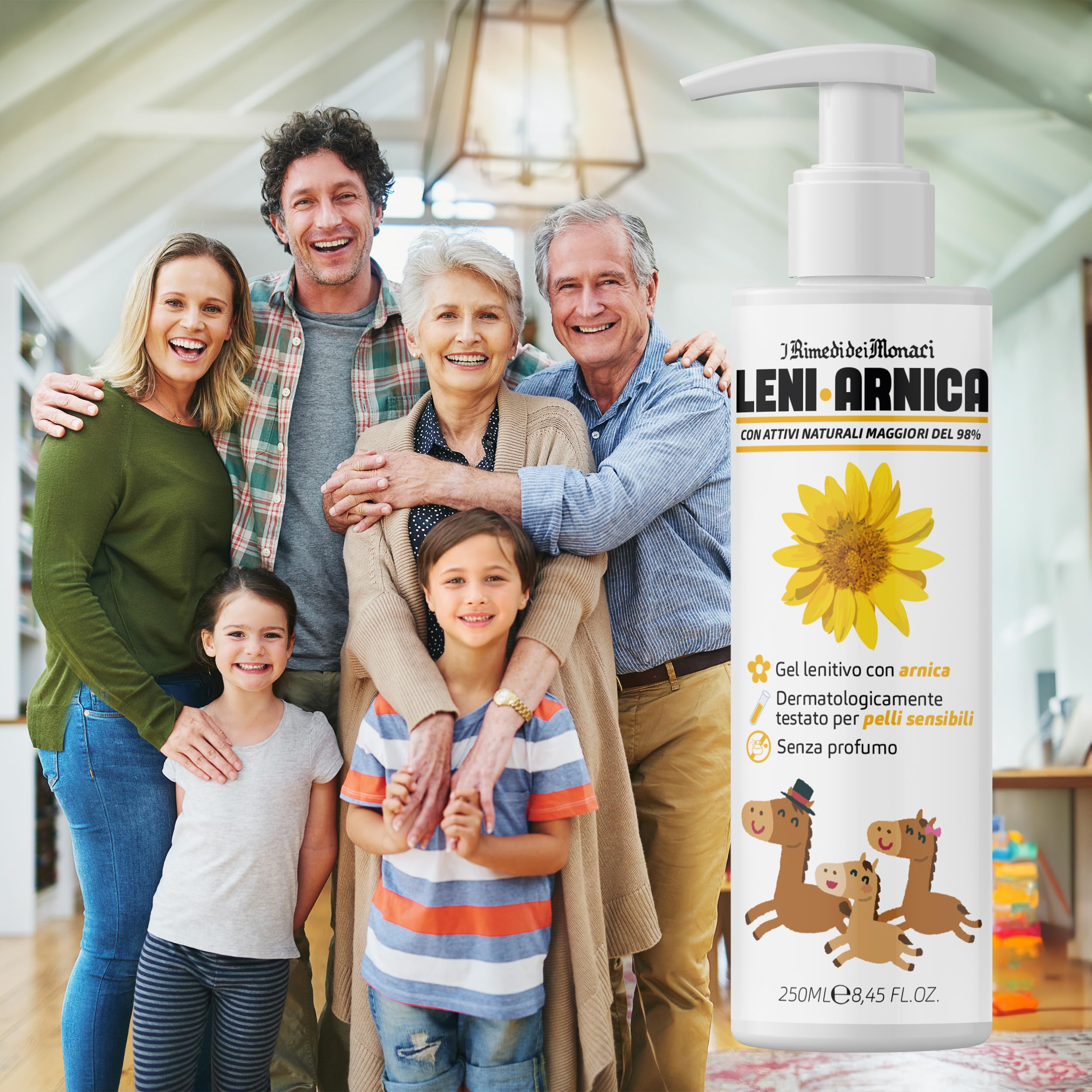 LeniArnica Gel Arnica Montana al 98% per Pelli Sensibili - Lenitivo, Ipoallergenico, Senza Profumo - Dermatologicamente Testato (250ml)