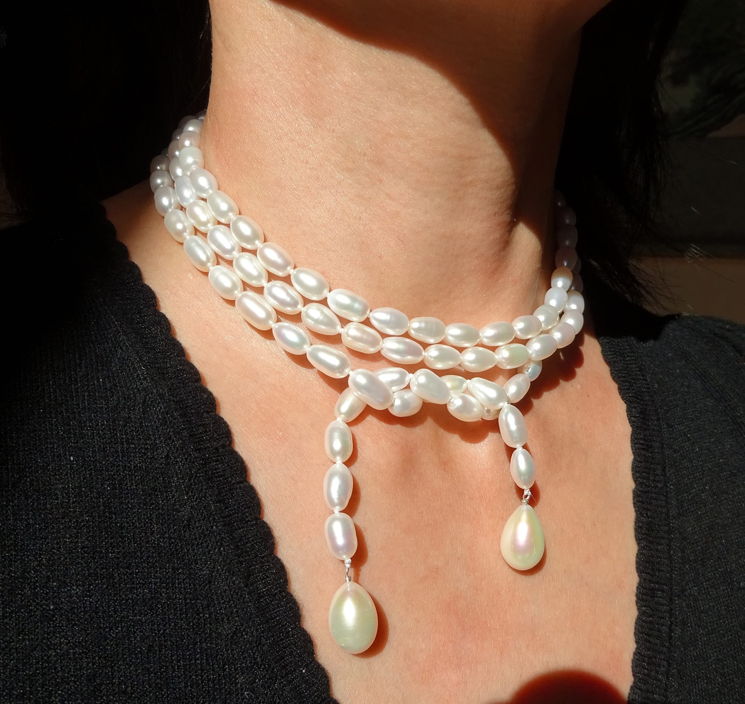 Sautoir perles de culture, collier écharpe Longueur 129Cm, perle d'eau douce de culture, perle forme allongée, couleur blanche