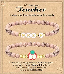 Teacher Appreciation Gifts for Women,Teacher Must Haves Initial Bracelet Mrs Miss End of Year Teacher Gifts Thank You for Helping Me Grow Music Math Science Teachers Bracelets Retirement 2 Set Jewelry